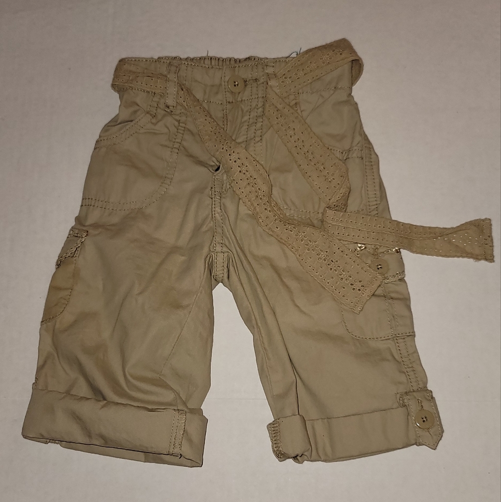 Child's Place Tan rolled cuff pants slacks decorative floral pockets with belt